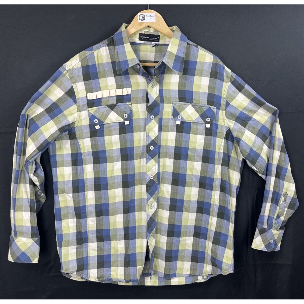 Vintage Rocawear XL Blue Green Plaid Herringbone Cotton Utility Button Shirt Y2K